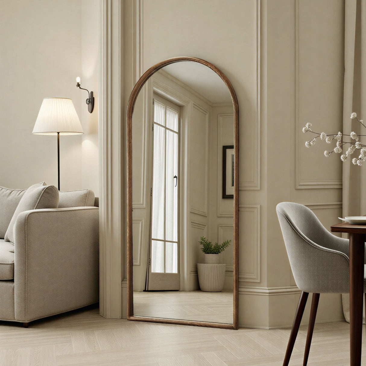 Arched walnut warm wood mirror