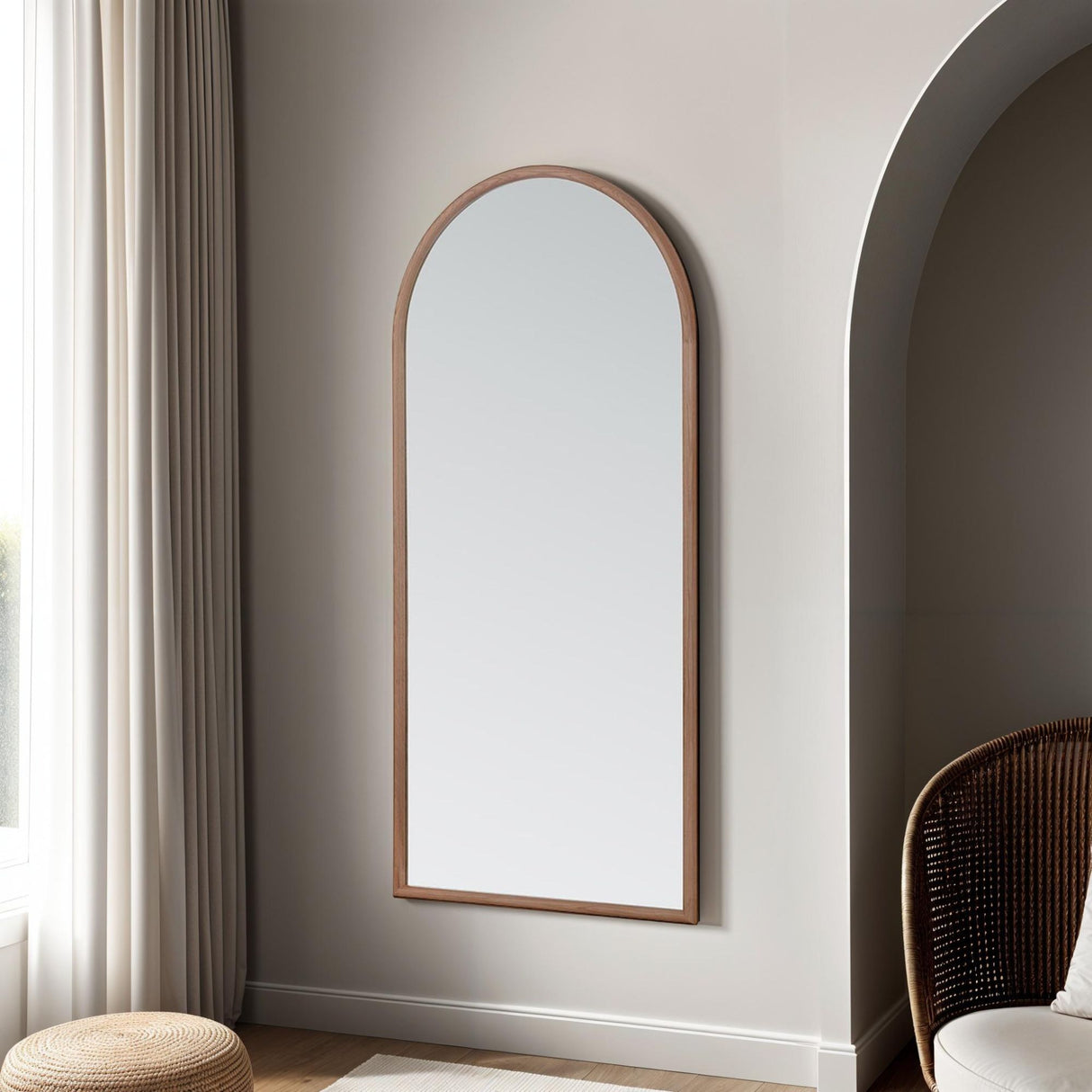 Large arched oak framed glass mirror