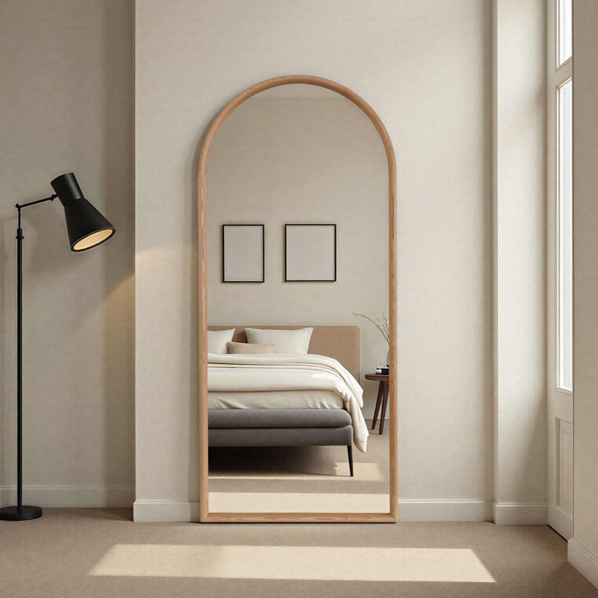 large arched natural oak wood mirror