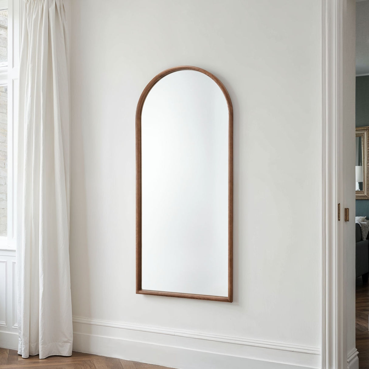 Large arched walnut wood mirror