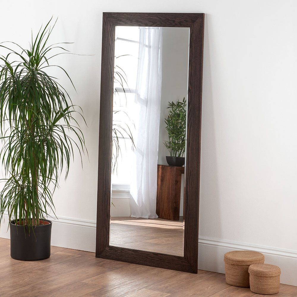 Oak stained dark brown rectangular frame beveled edge glass mirror
