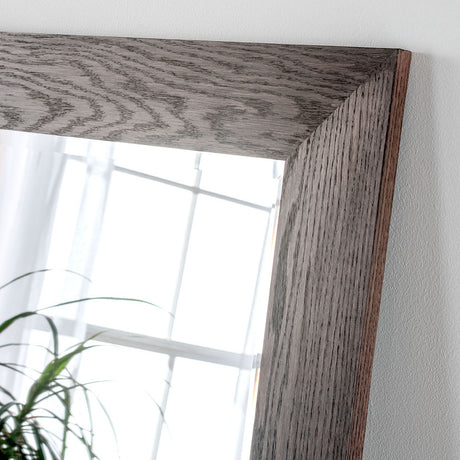 Oak stained dark brown rectangular frame beveled edge glass mirror