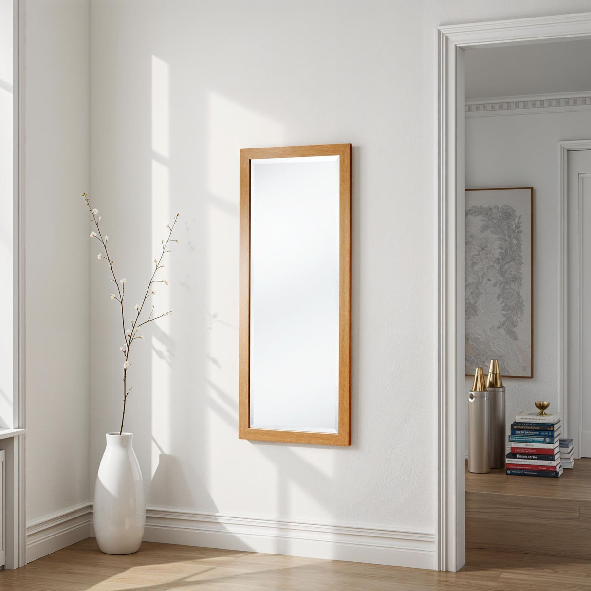 Oak effect tall bevelled mirror
