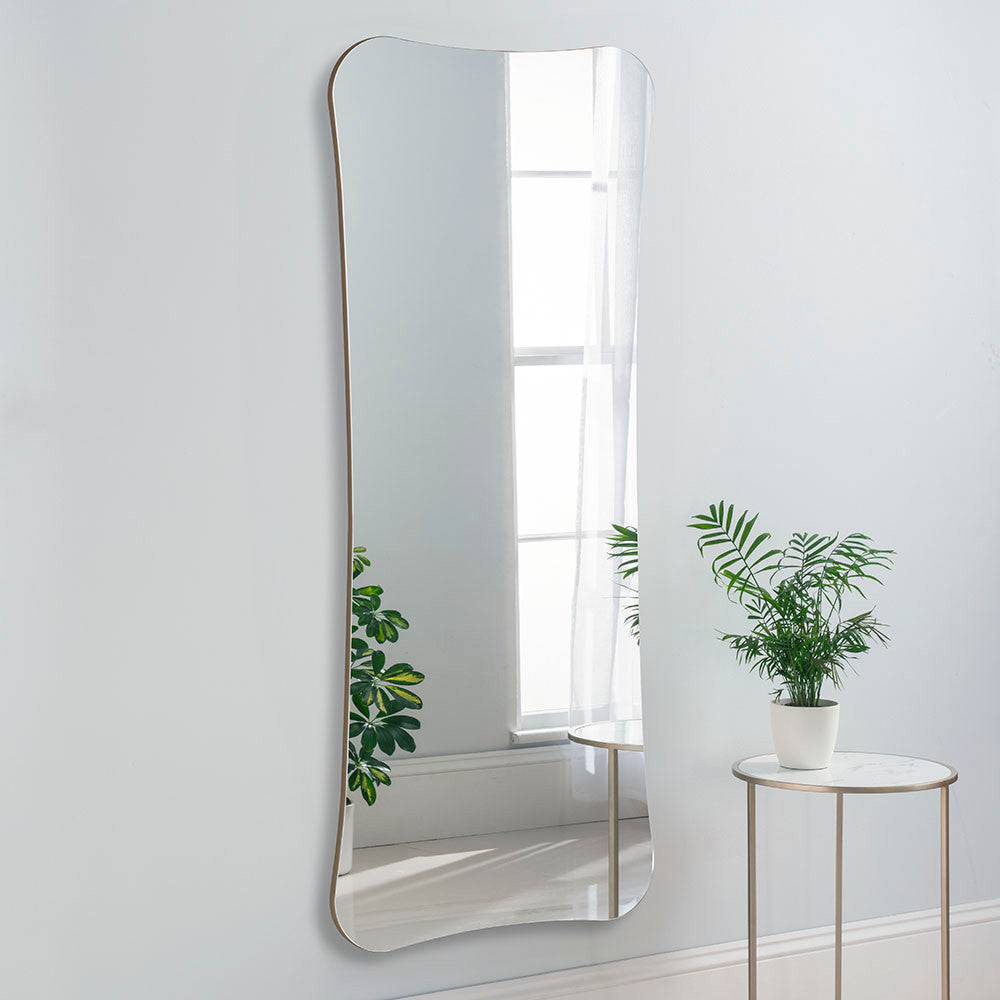 Irregular rectangular curved minimal gold frame full length glass mirror