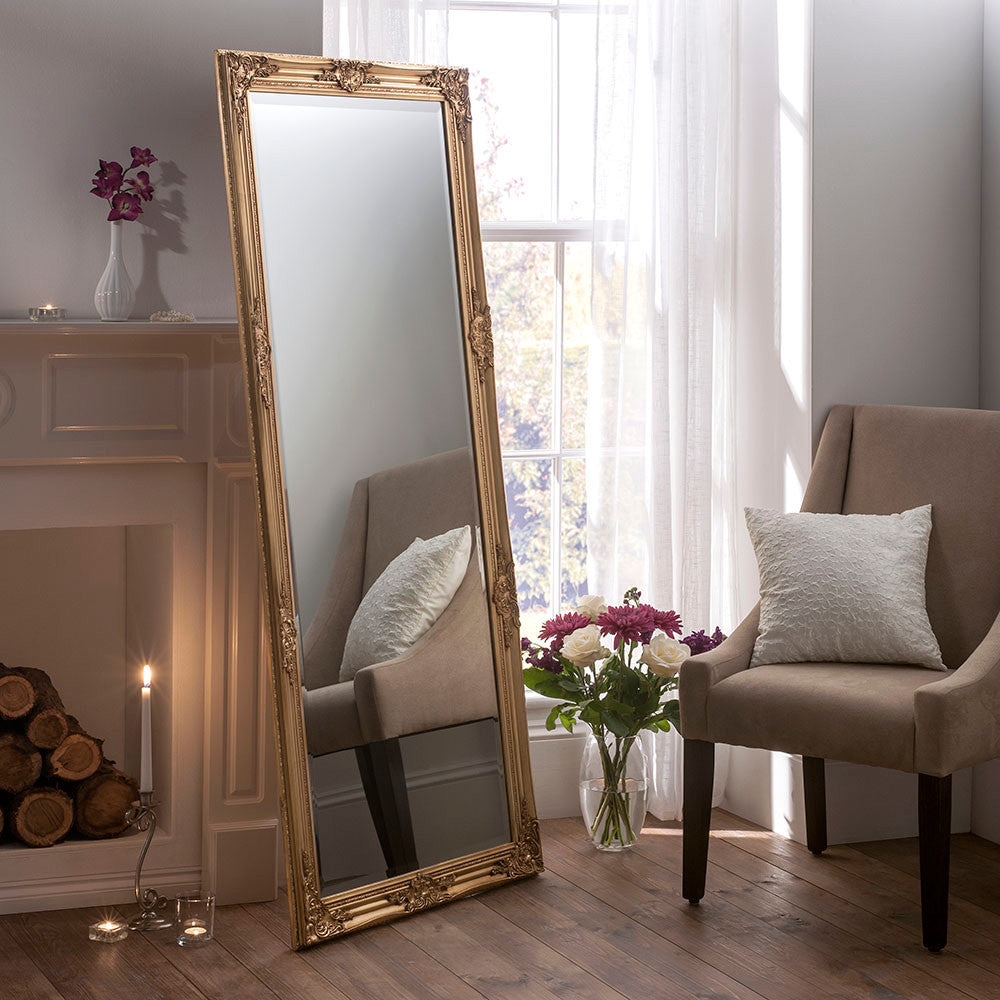 Rectangular ornamental gold frame full length glass wall mirror