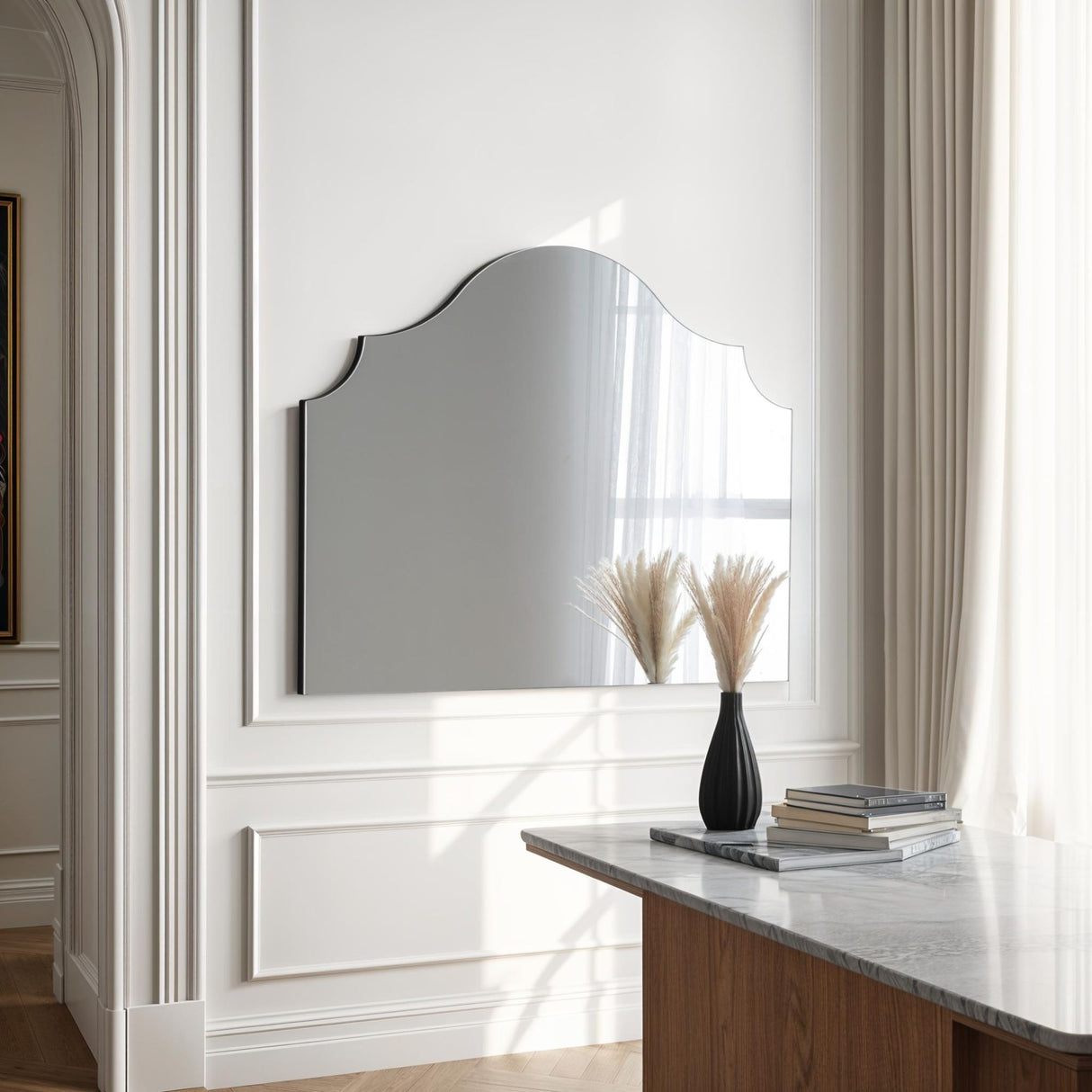 Black minimal curved frame arched mantle glass mirror