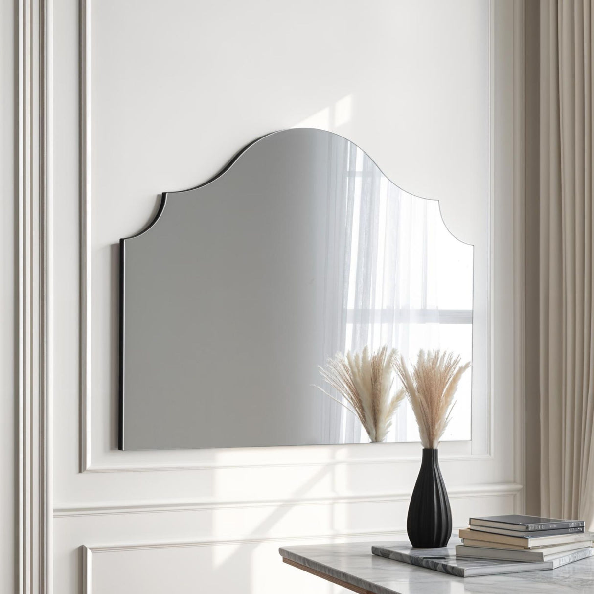 Black minimal curved frame arched mantle glass mirror