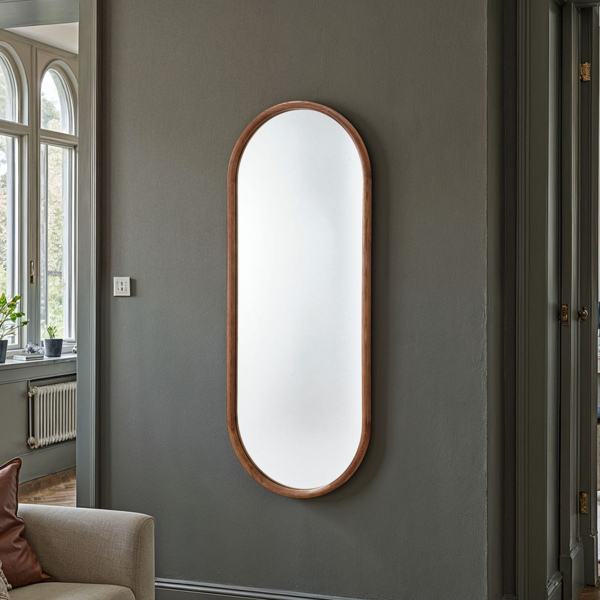 Walnut tall wood oval mirror