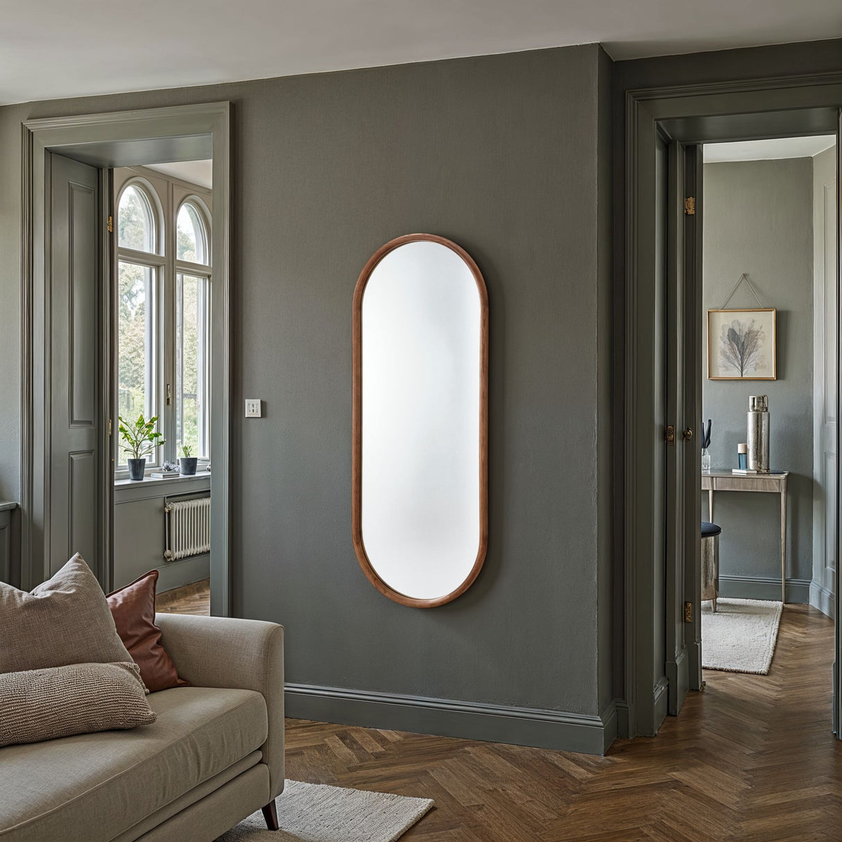 Walnut tall wood oval mirror