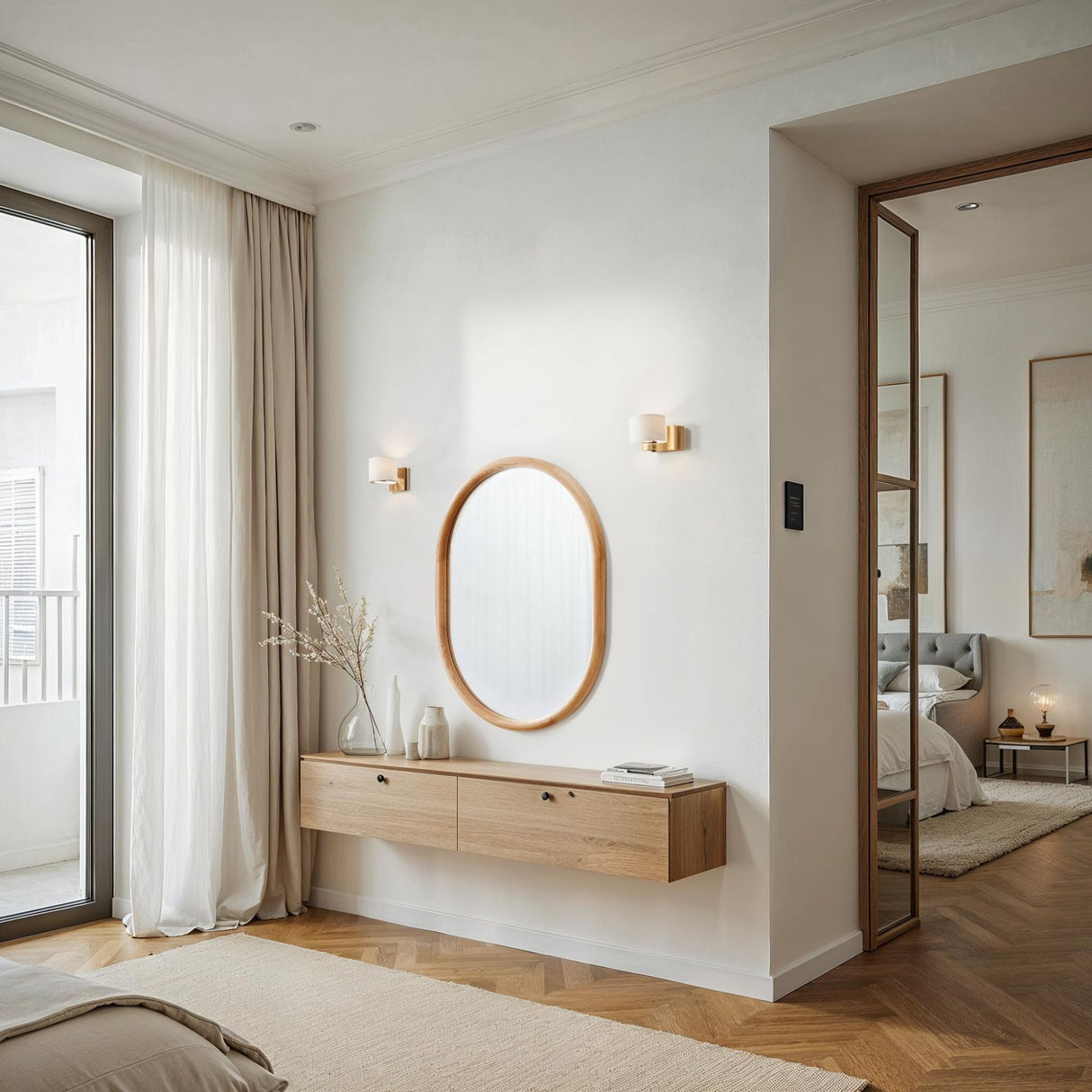 oak wood oval mirror