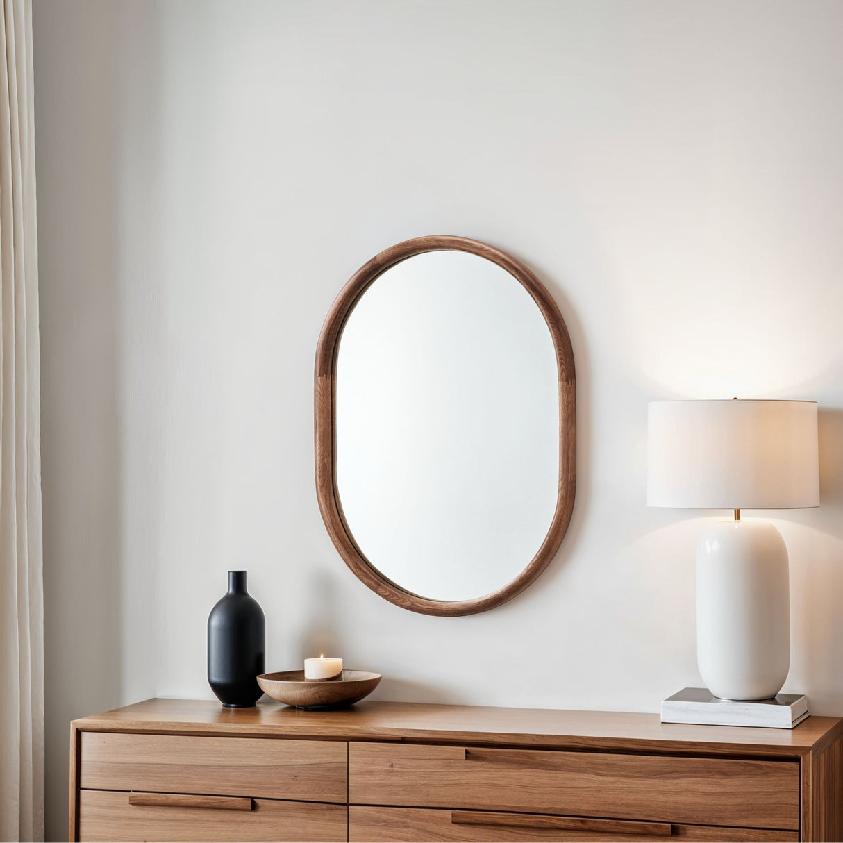 Walnut wooden oval mirror