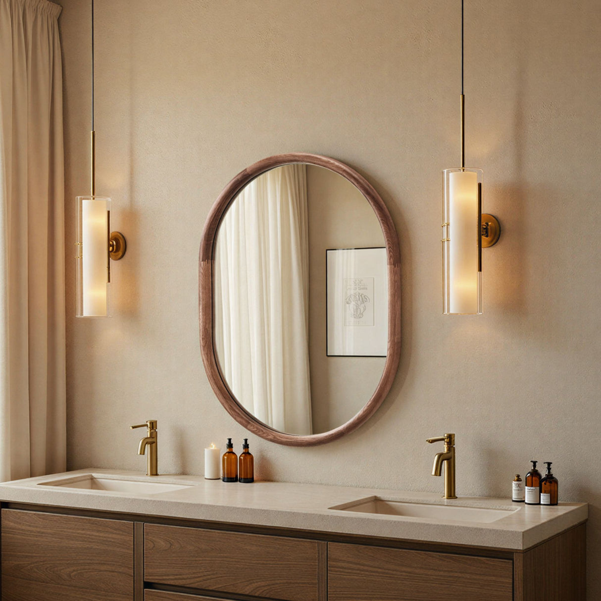 Oval walnut wood mirror