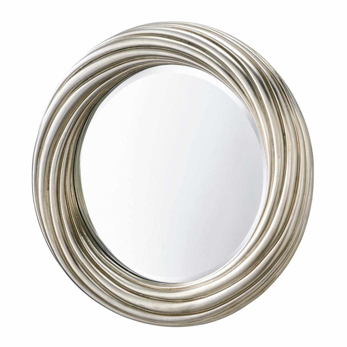 Round mirror with a silver metallic frame on a white background