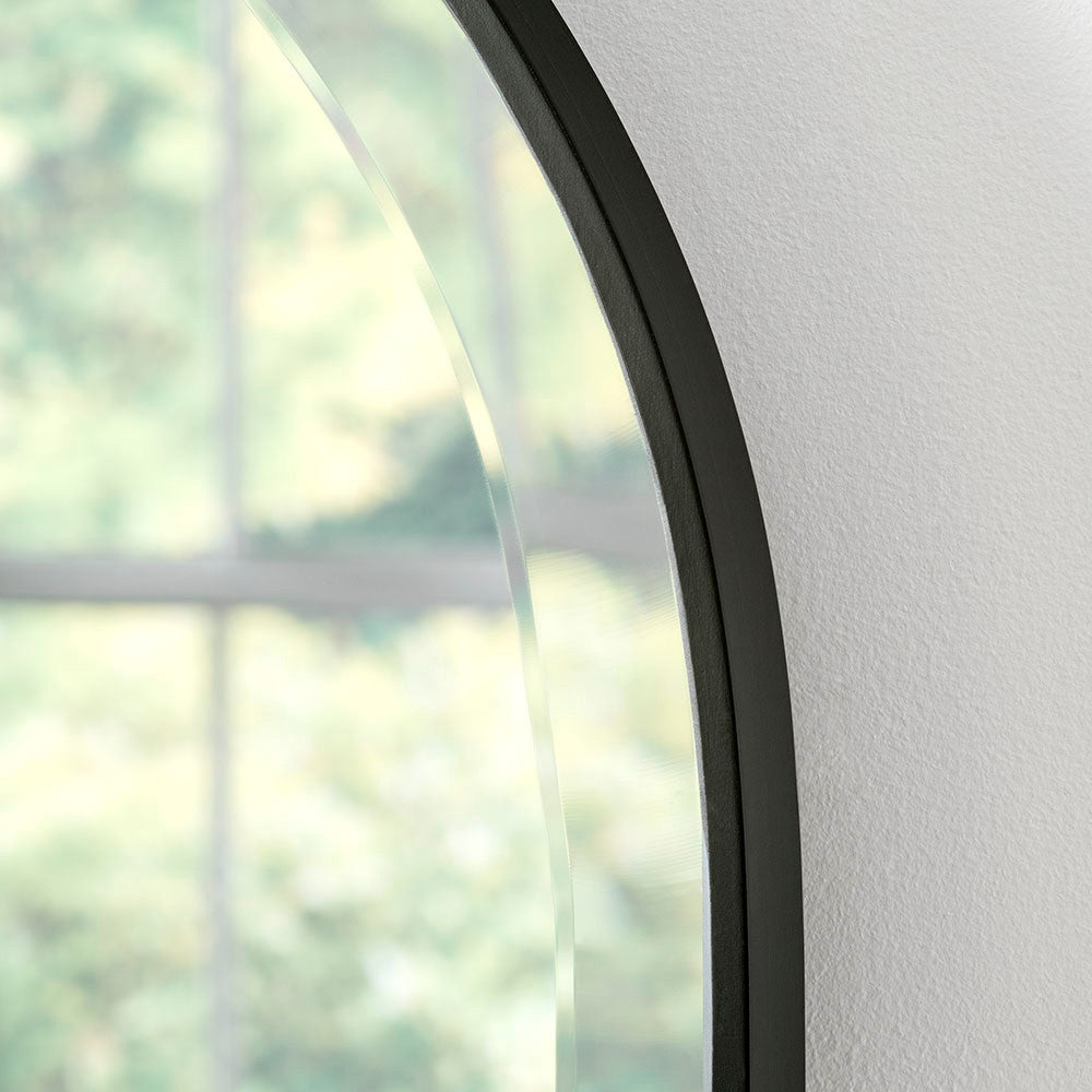 Black minimal frame arched beveled edge glass mirror