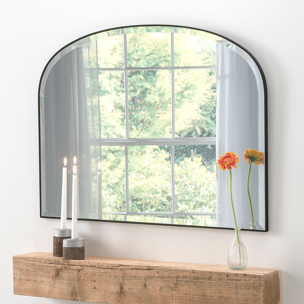 Black minimal frame arched beveled edge glass mirror