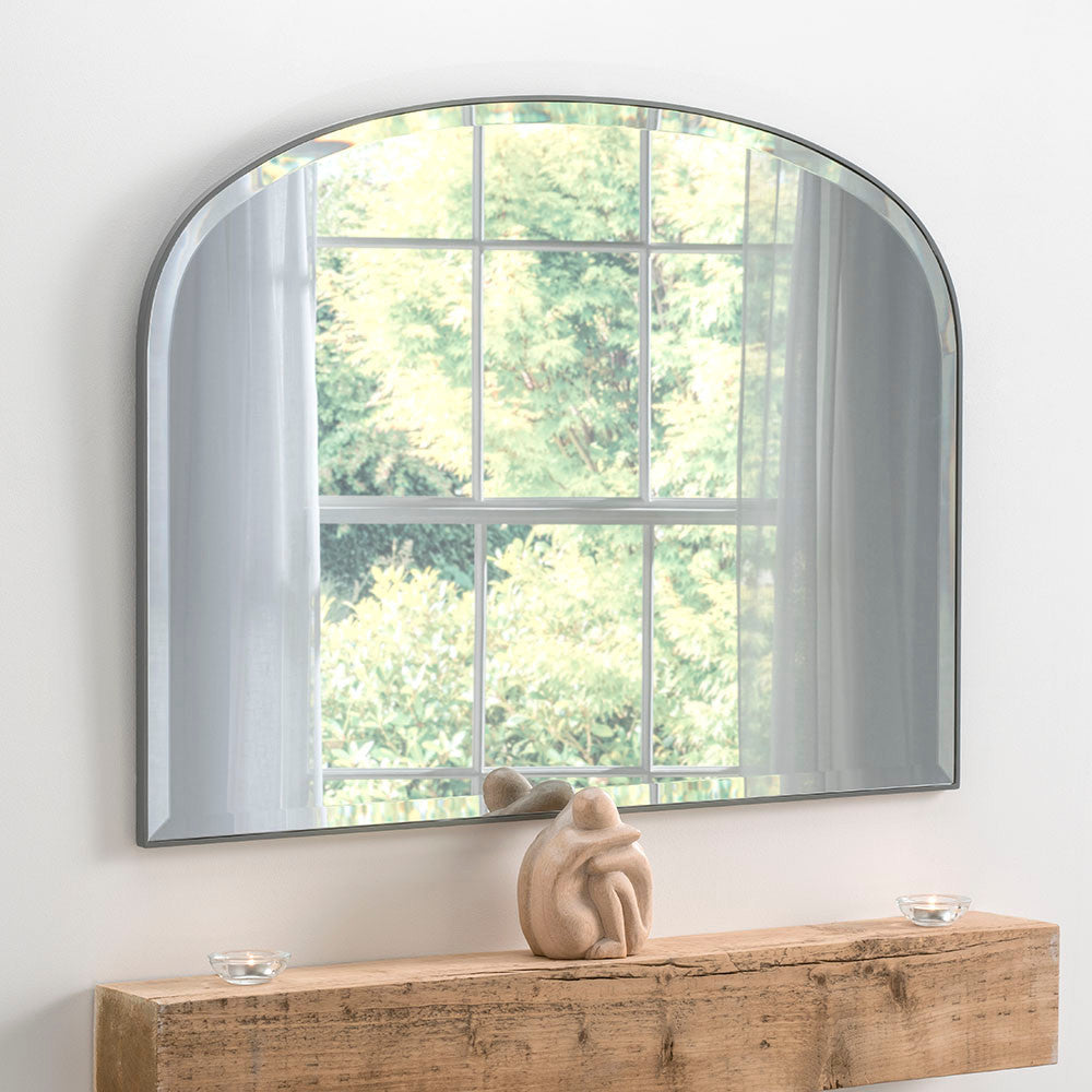 Grey minimal frame arched beveled edge glass mirror