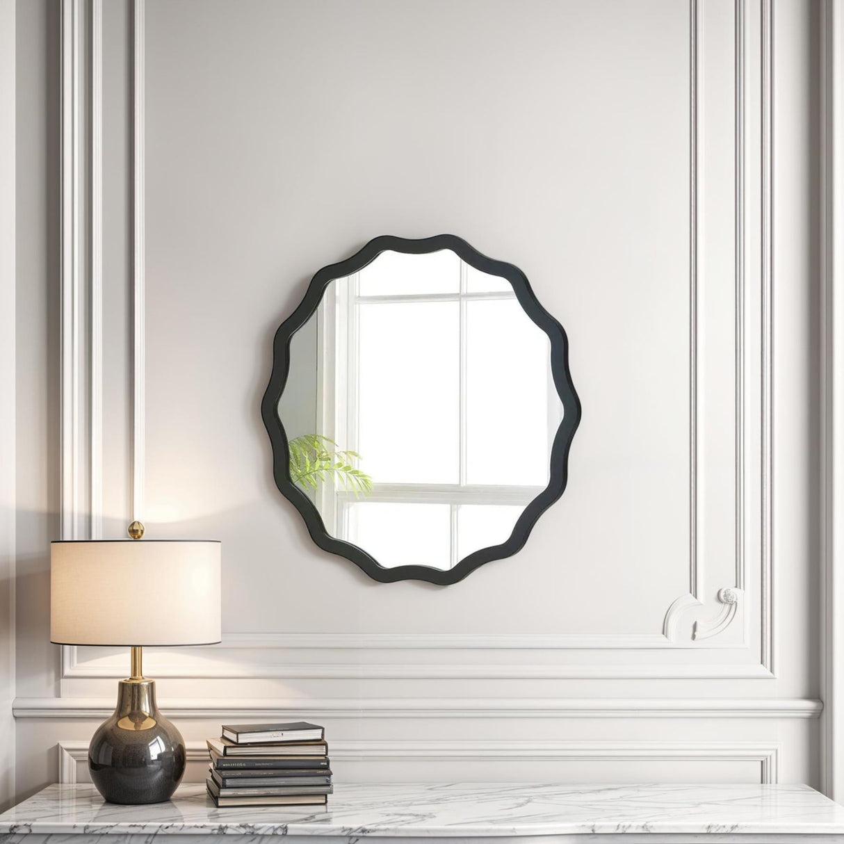Scalloped Edge Black Round Mirror