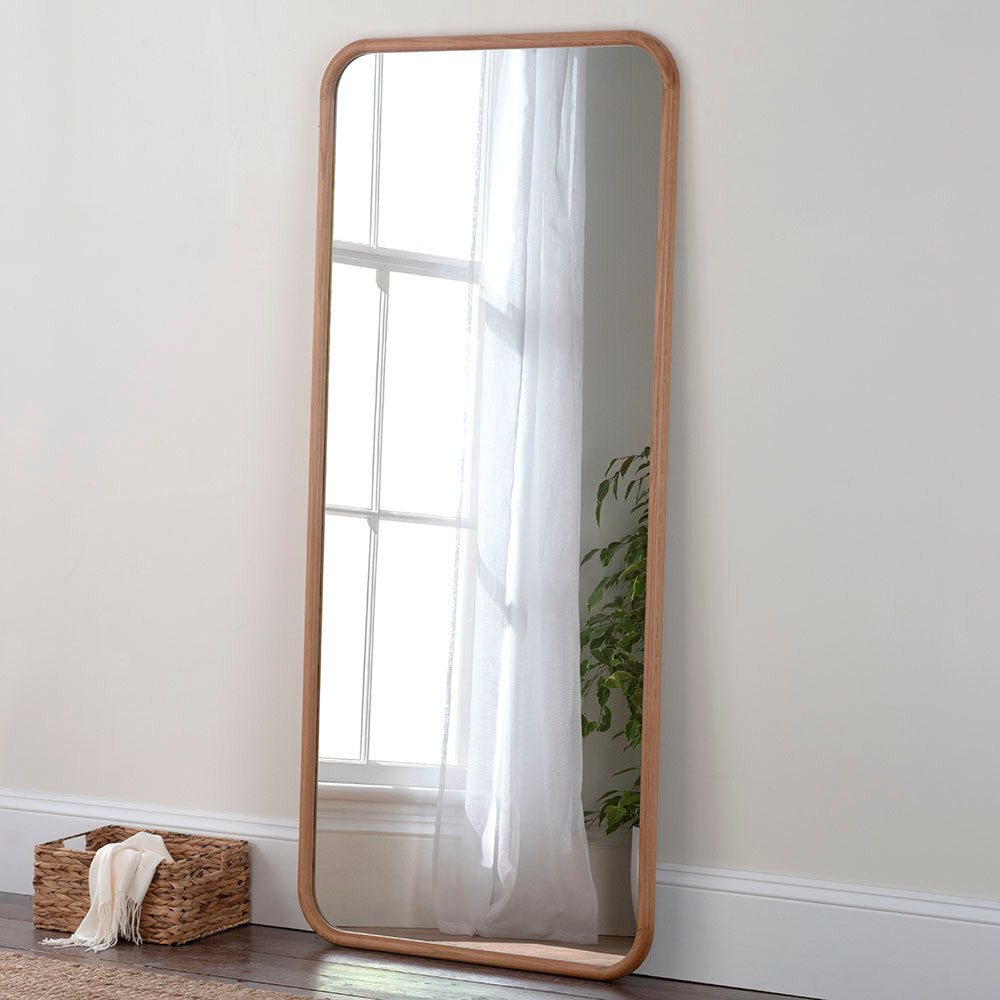 Rectangular curved corner oak framed full length glass mirror