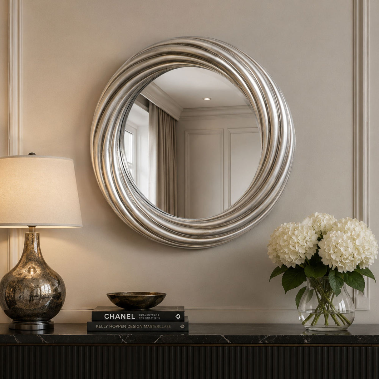 Silver round swirl mirror