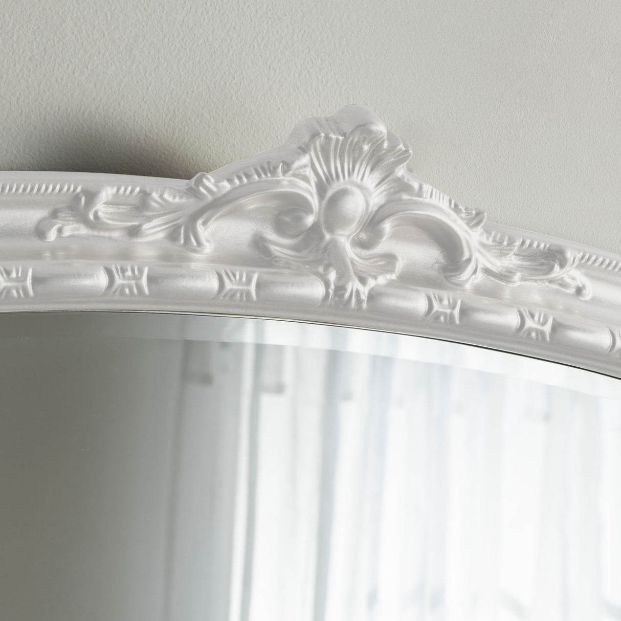 White frame arched decorative mantle beveled edge glass mirror