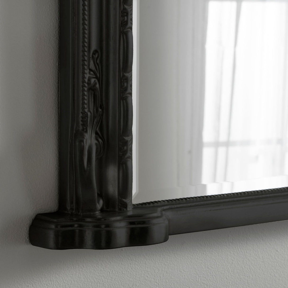 Black frame arched decorative mantle beveled edge glass mirror