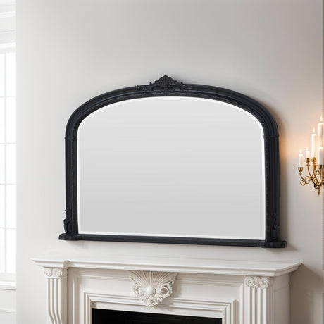 Black frame arched decorative mantle beveled edge glass mirror