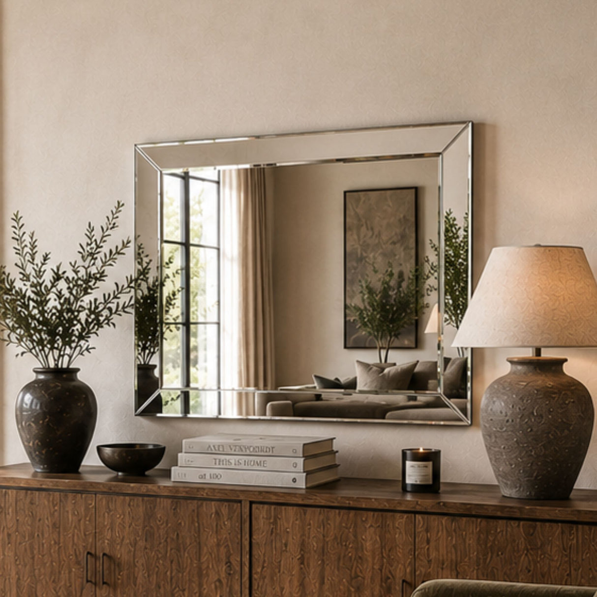 A large rectangular wall mirror with a silver-toned frame hangs above a wooden cabinet in a styled interior. The mirror reflects a living room scene, while the room itself is decorated with a vase of greenery, books, a candle, and a table lamp.