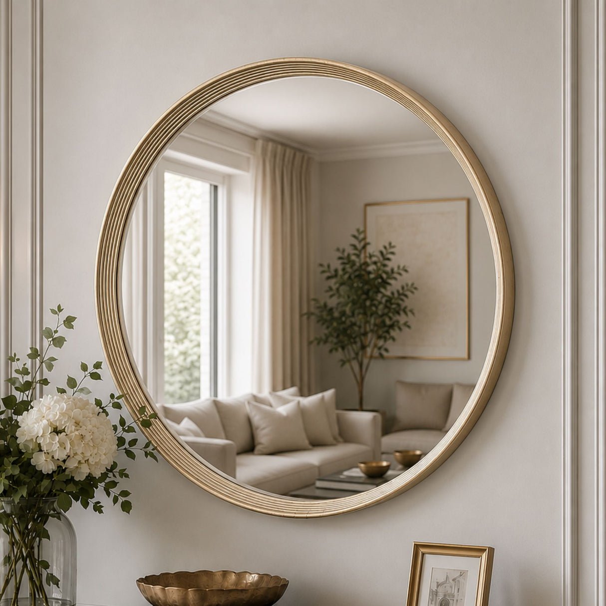 A large round wall mirror with a ribbed gold-toned frame hangs on a light beige paneled wall. The mirror reflects a softly lit living room with a sofa, curtains, and a plant.