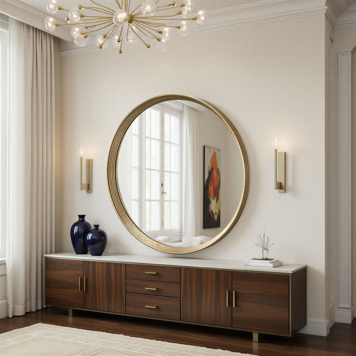 Large round contemporary circular mirror Gold bevelled