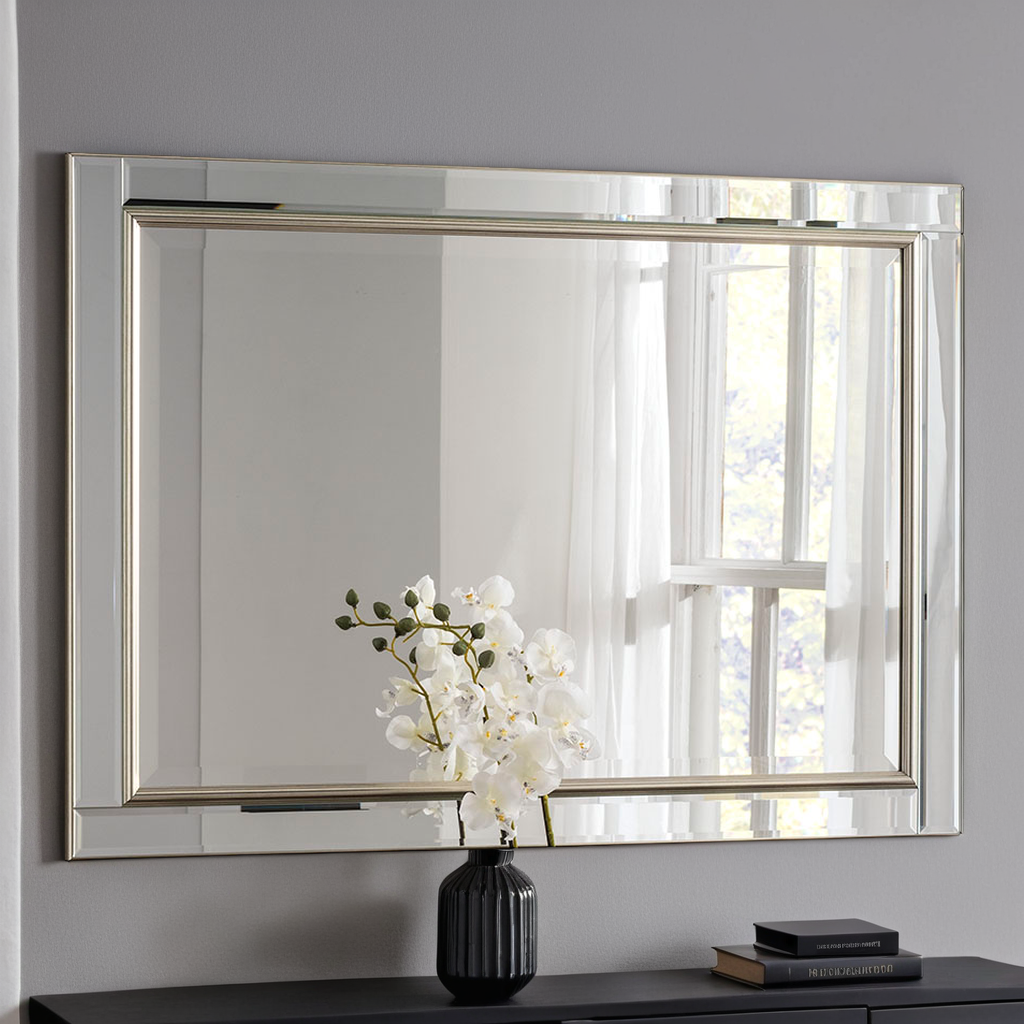 Silver rectangular frame beveled edge glass mirror