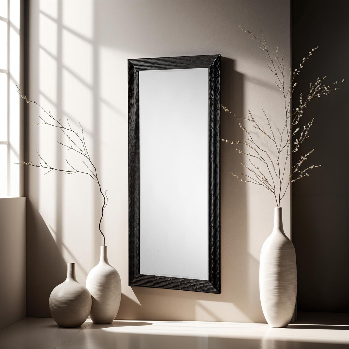 Glossy black rectangular frame beveled edge glass mirror