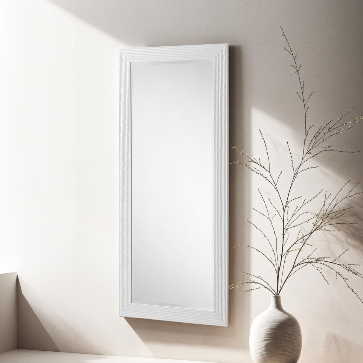 White rectangular frame beveled edge glass mirror