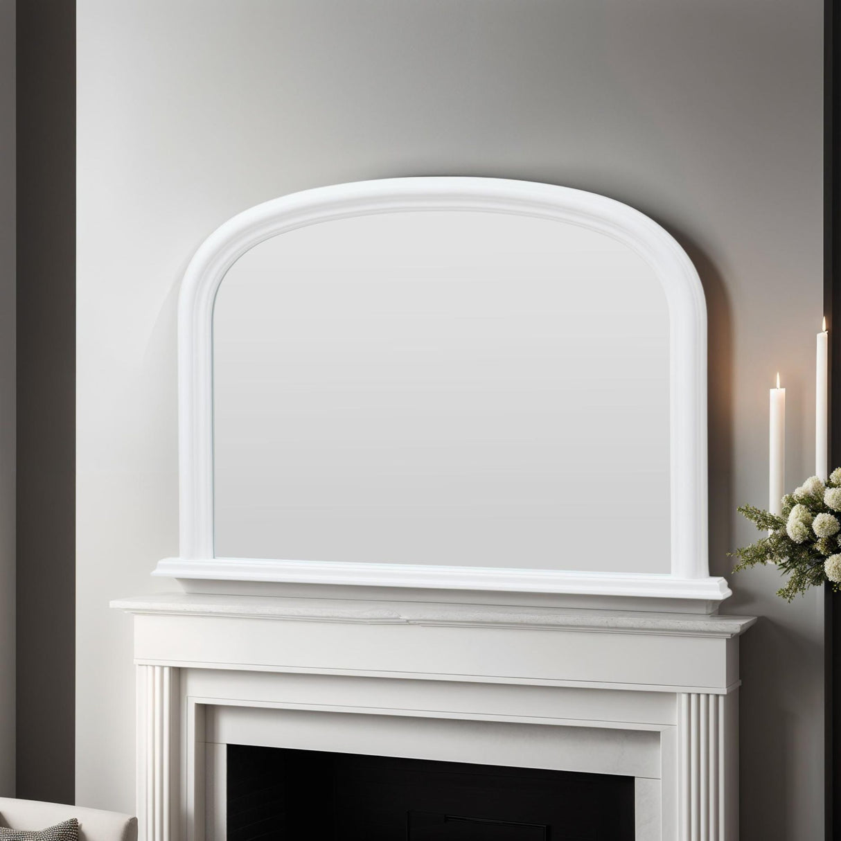White frame arched beveled glass mirror