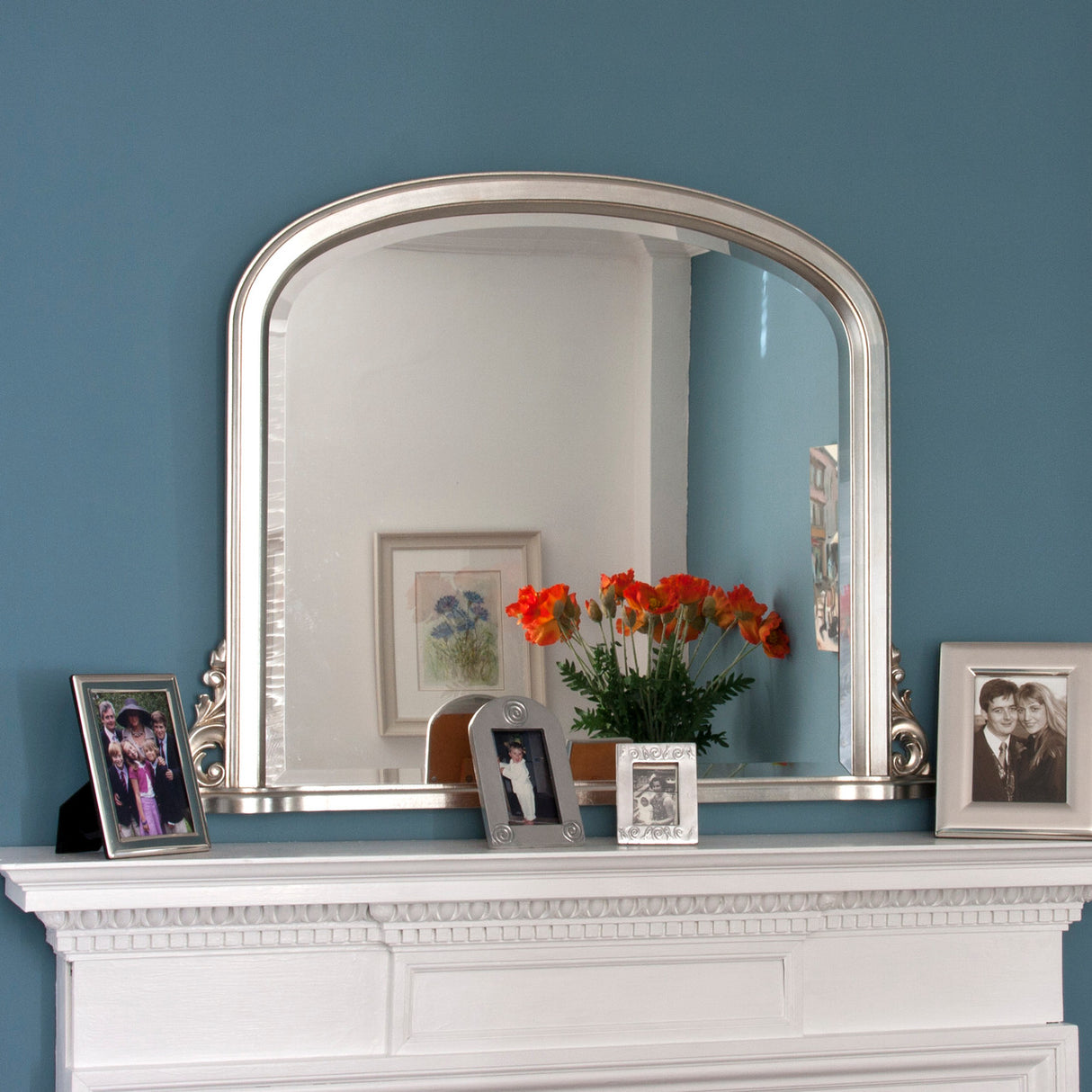 Silver frame arched beveled glass mirror