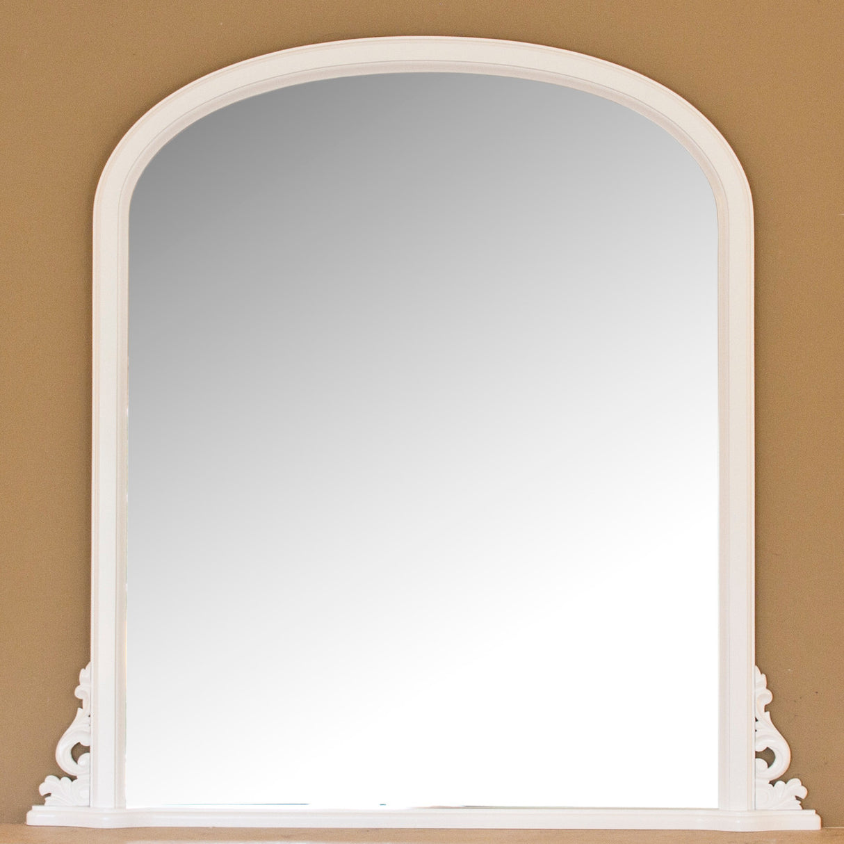 White frame arched beveled glass mirror