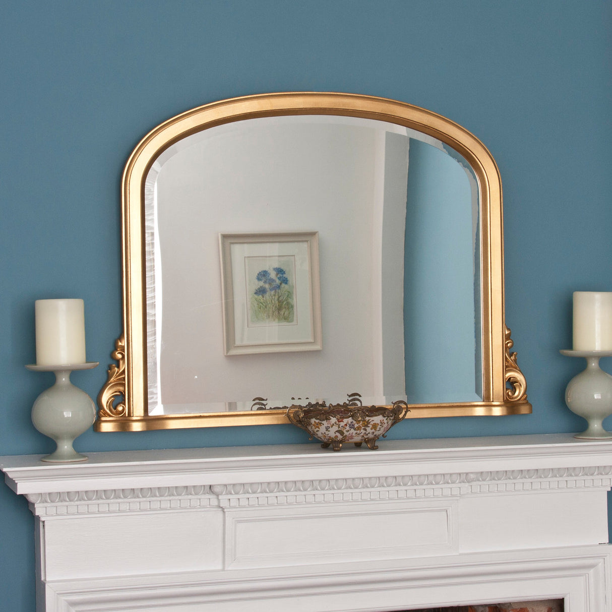 Gold frame arched beveled glass mirror