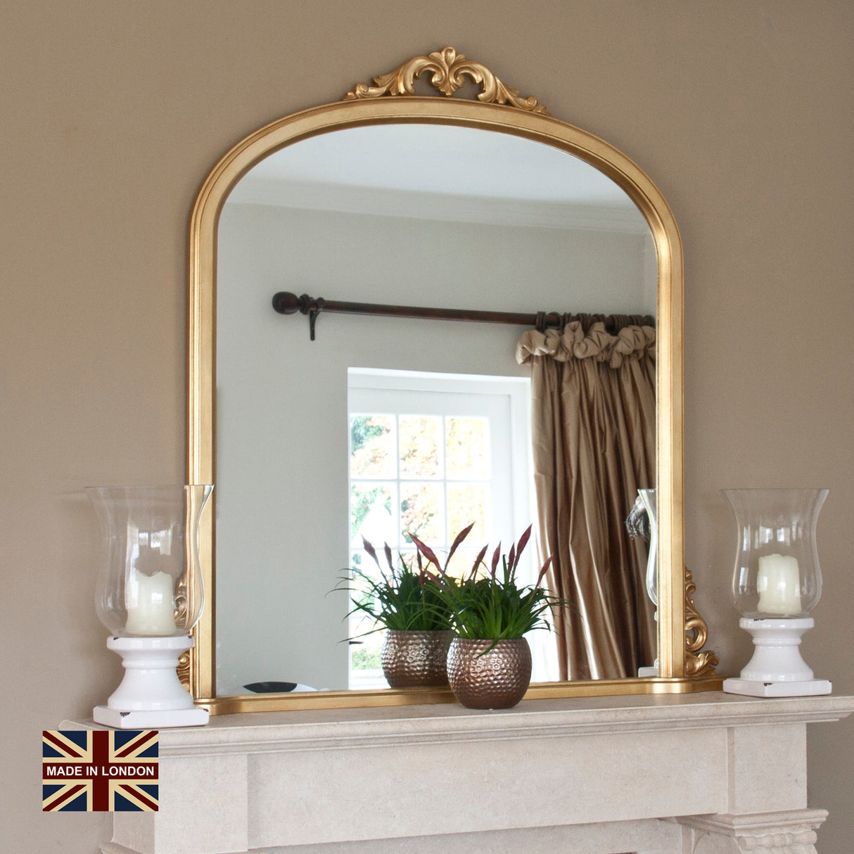 Antiqued gold large frame arched glass mirror