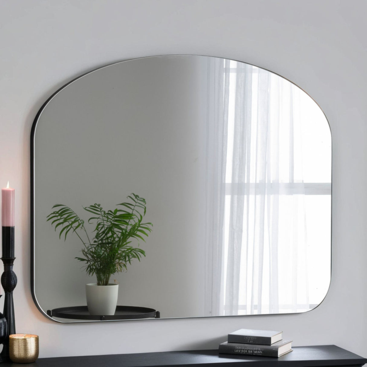 Black minimal curved frame arched glass mirror