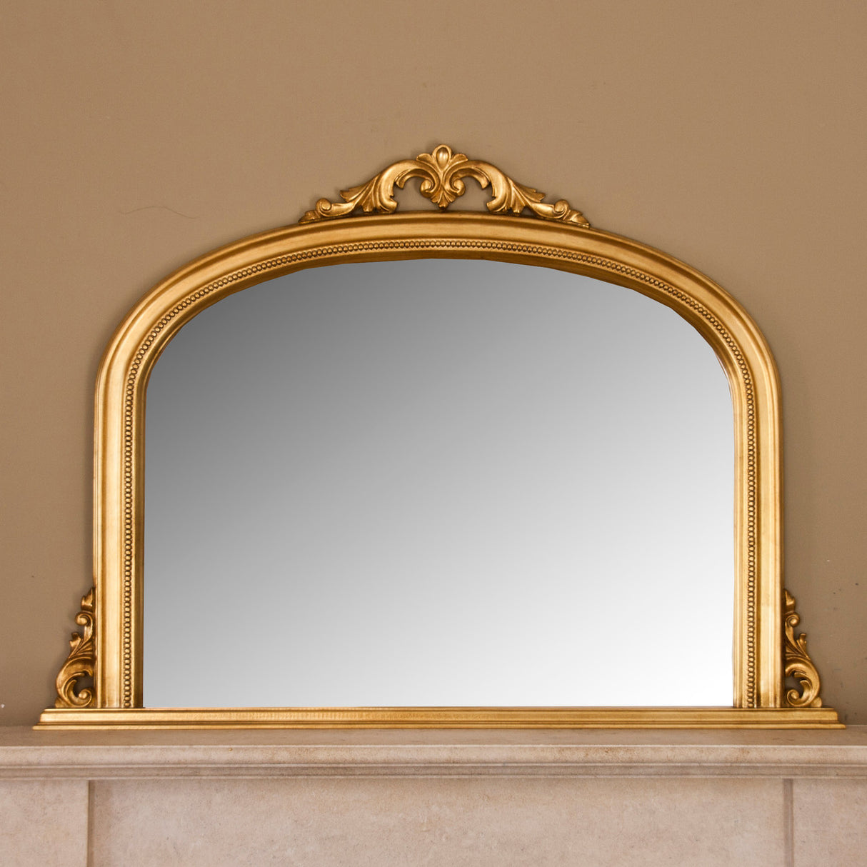 Antiqued gold decorative frame arched beveled glass mirror