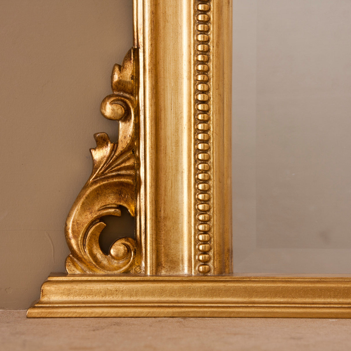 Antiqued gold decorative frame arched beveled glass mirror