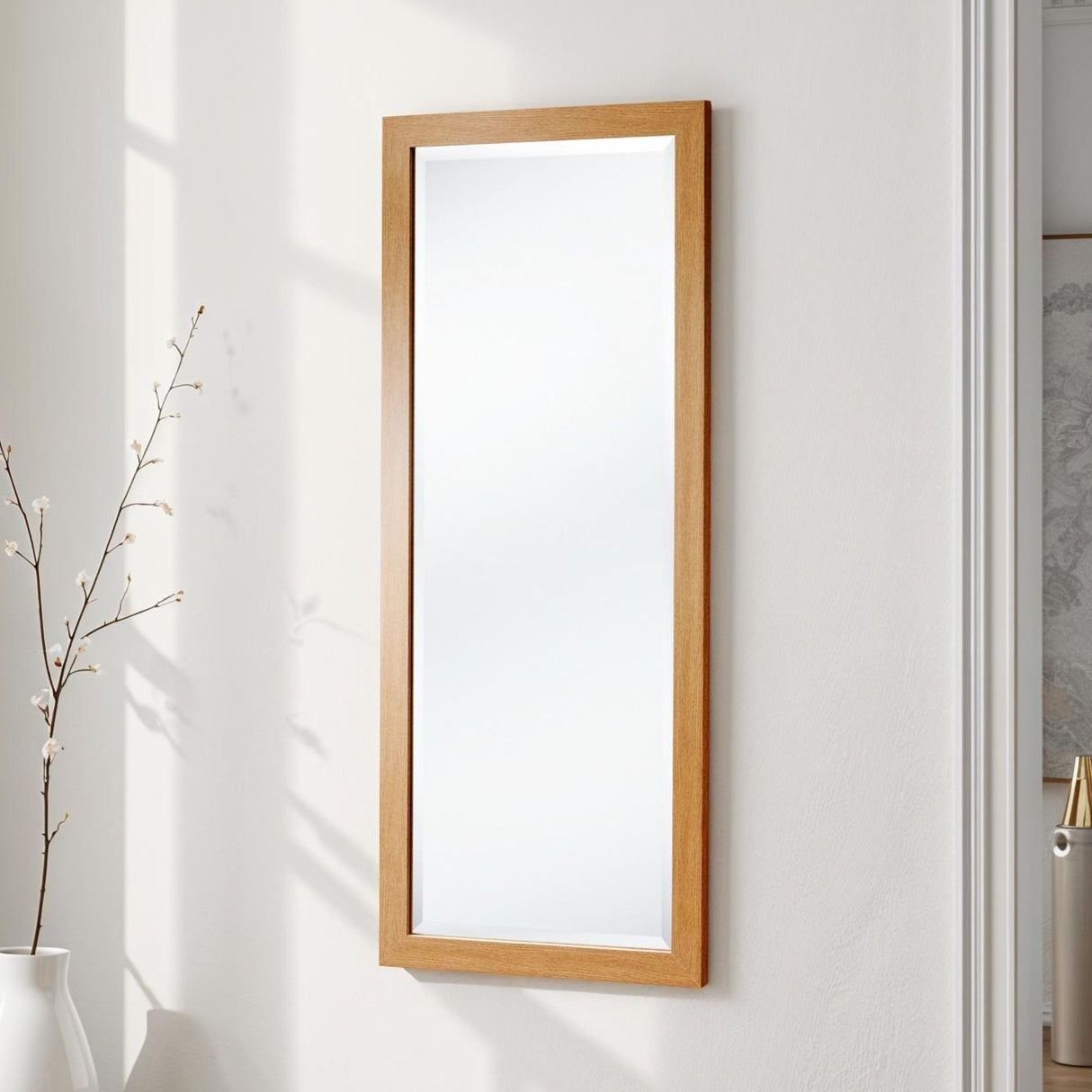 Oak effect tall bevelled mirror