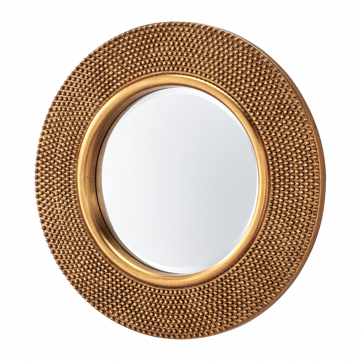 Round mirror with a textured gold frame on a white background