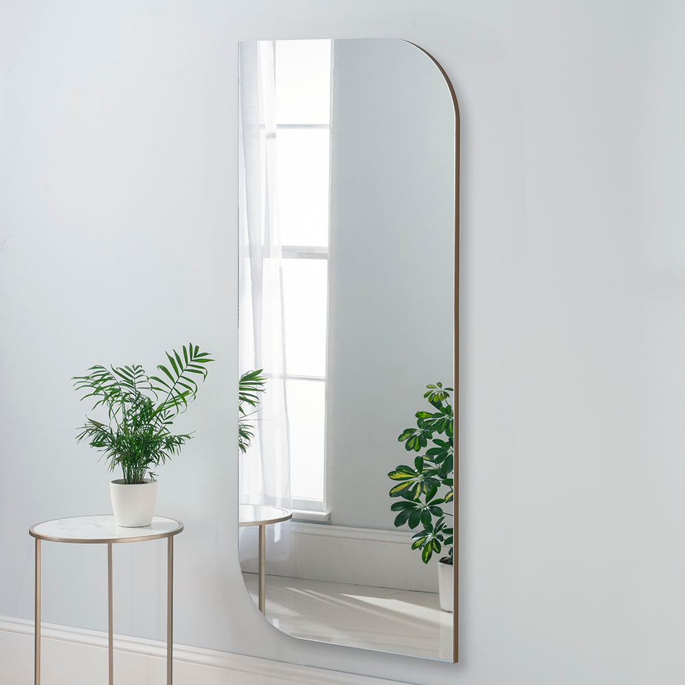 Gold irregular rectangular curved edge minimal frame glass mirror