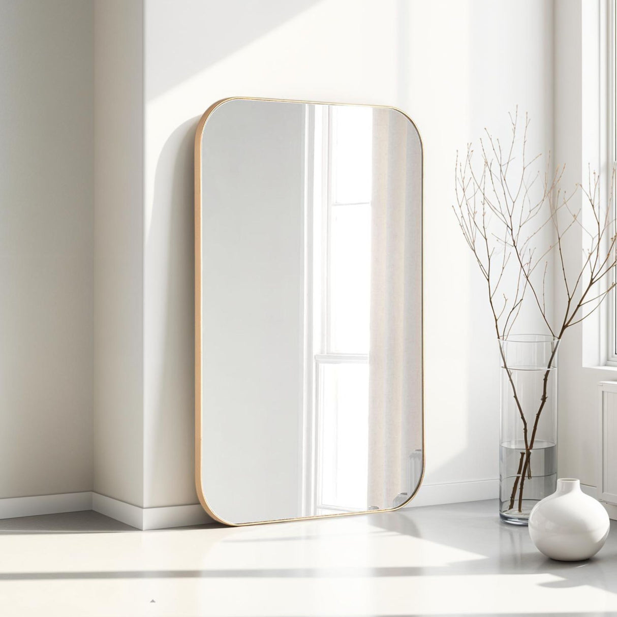 Rectangular curved corner slim frame gold full length glass mirror