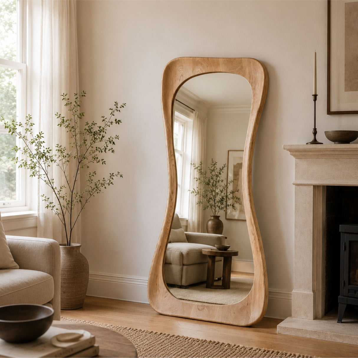 A tall, wavy full-length floor mirror with a natural light wood frame stands in a softly styled living room beside a window, fireplace, and potted plant.
