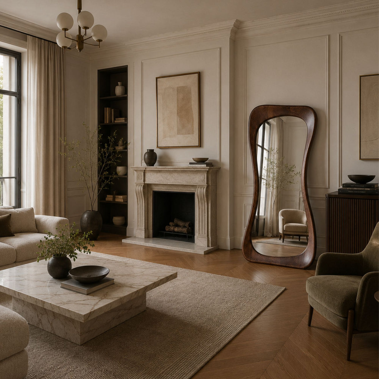 A styled living room interior with a cream fireplace, wood floors, a marble coffee table, upholstered seating, and a tall asymmetrical wooden floor mirror.