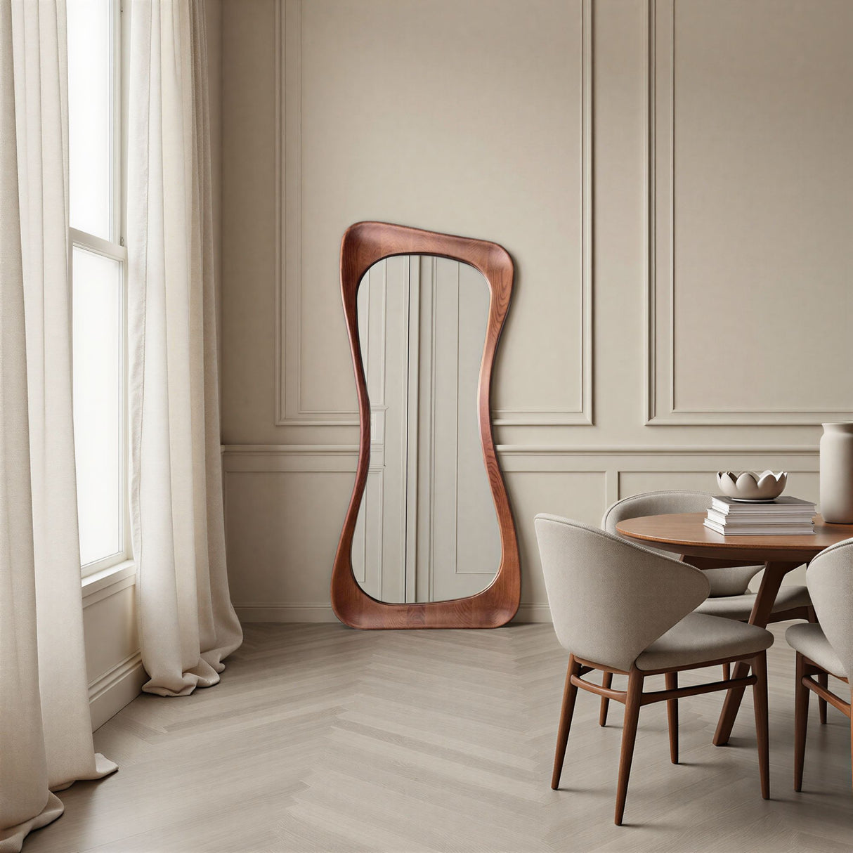 Wooden floor mirror in a room with a dining table and chairs.