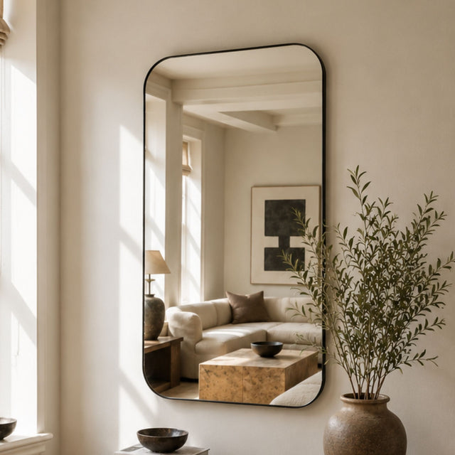 A tall, narrow rectangular wall mirror with a thin black frame hangs on a warm beige wall in a sunlit room. The mirror reflects a softly lit living room with a cream sofa, wood table, and framed art.