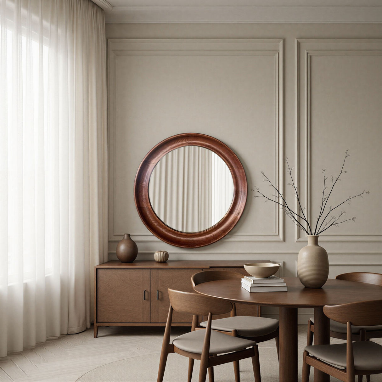 Dining room with round mirror, wooden table, and chairs.