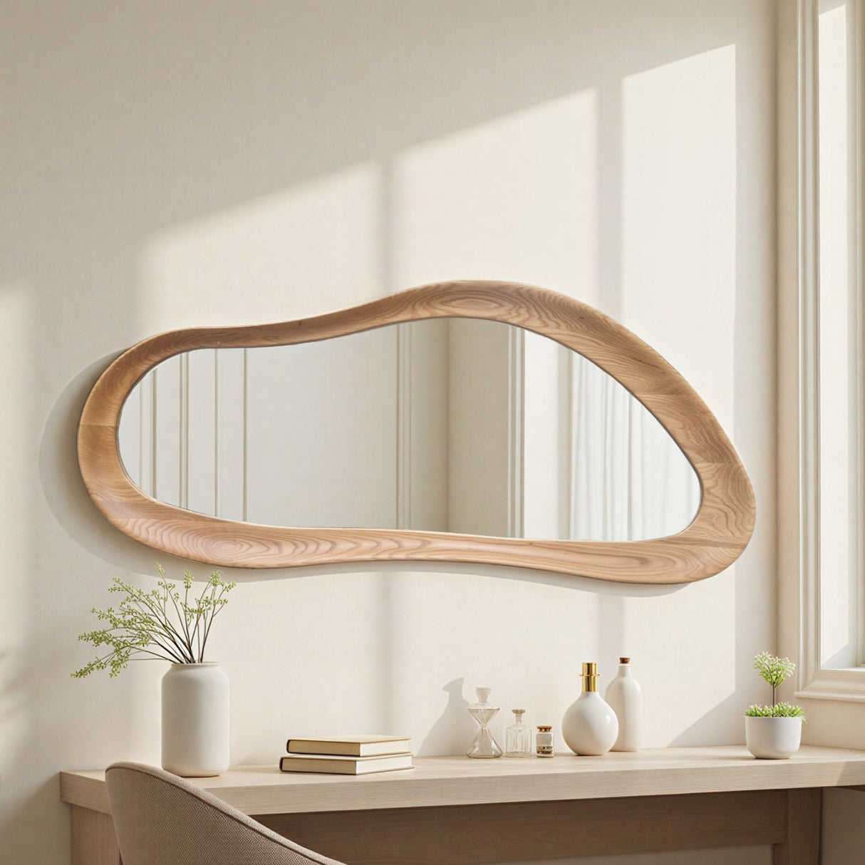 Wooden wall mirror with a natural finish in a room with a desk and decor items.